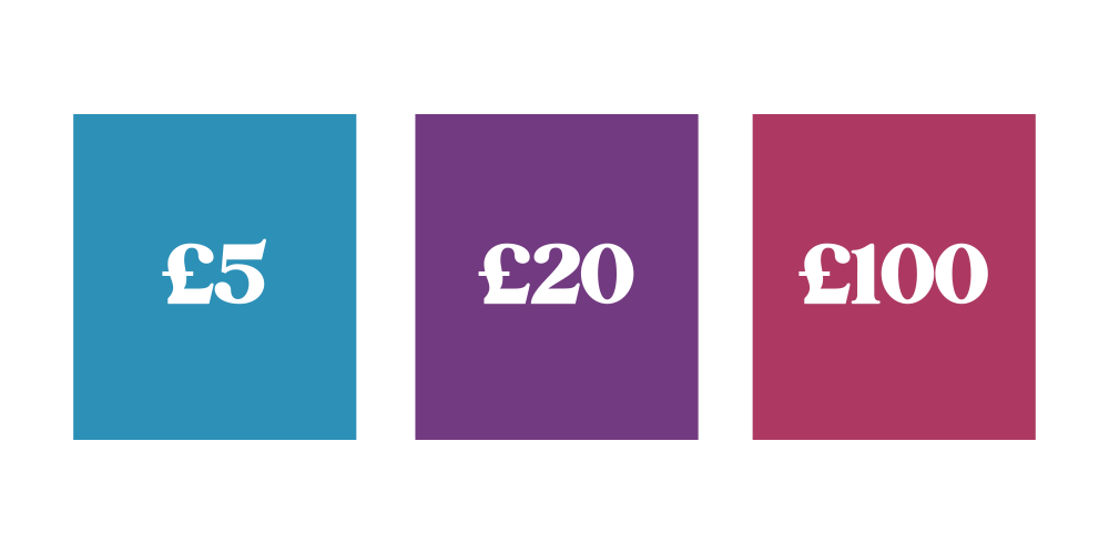 Three boxes, blue, purple, and pink with donation asks in each. 