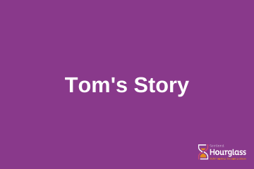 Writing on a purple background, saying: Tom's Story